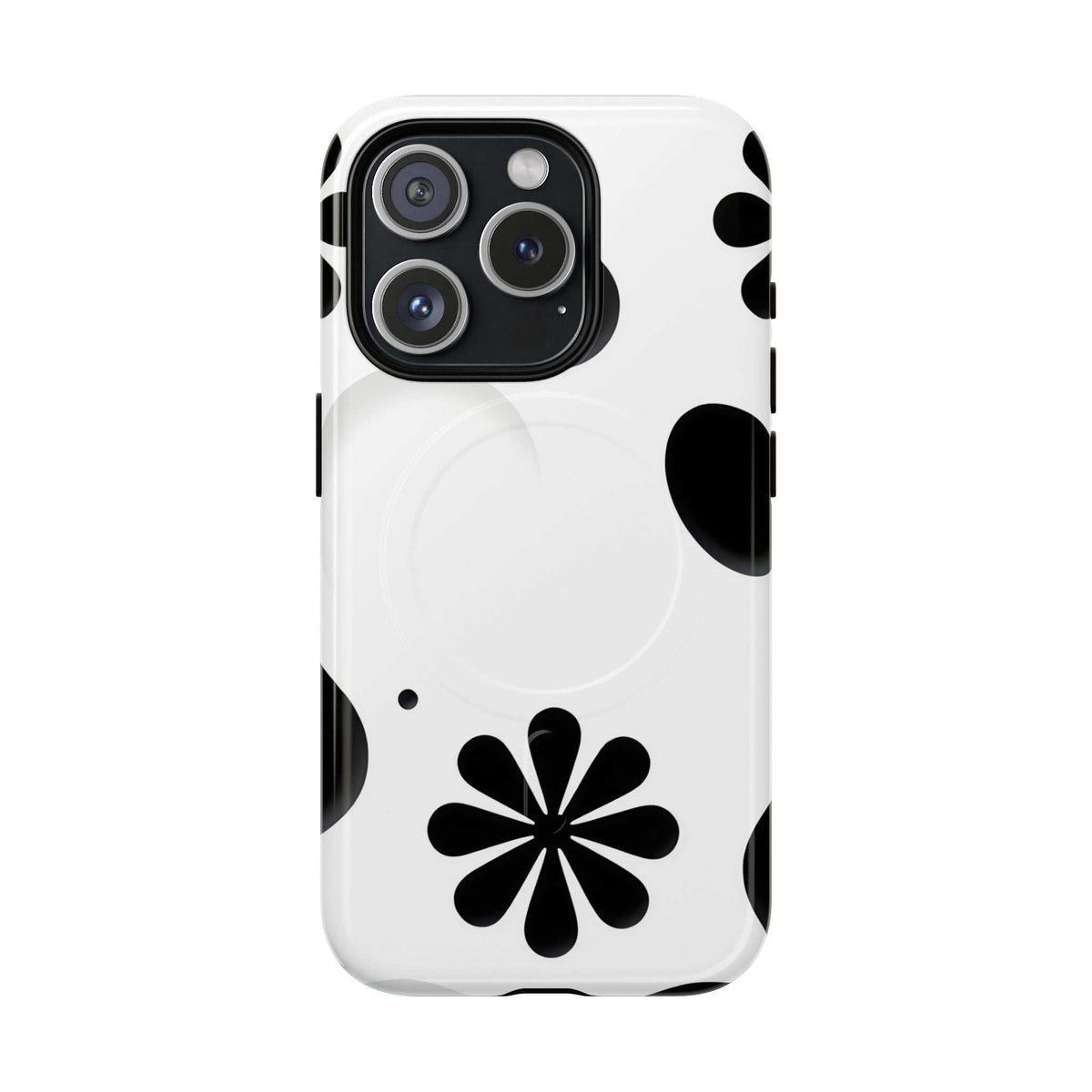 White phone case with black flower and dot pattern, triple-lens camera cutout