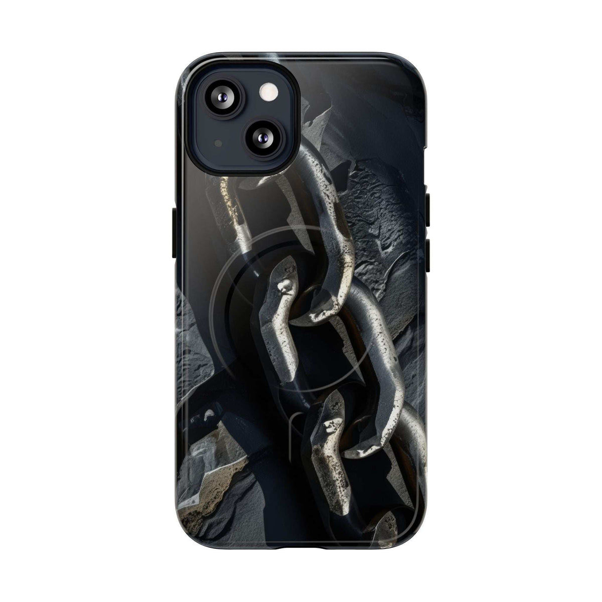 Black tough phone case with chain-link design and textured finish, camera cutouts