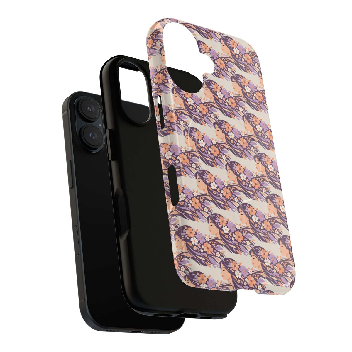 Floral phone case with pastel purple and pink floral print, raised camera cutout