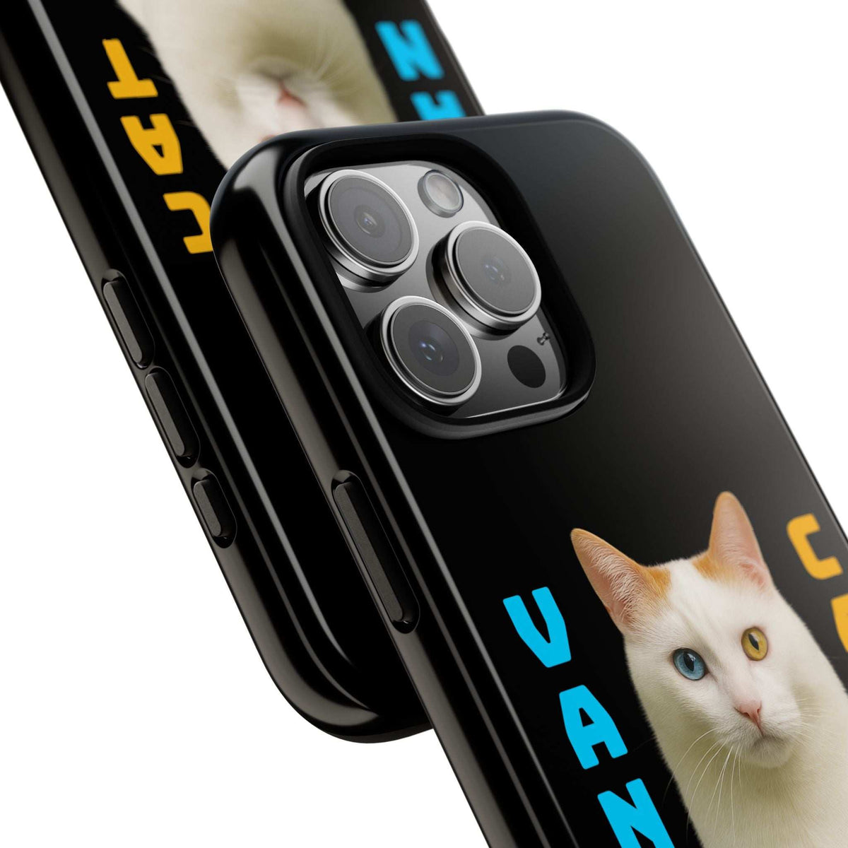 Angled view of black glossy phone case showing camera cutouts and cat graphic
