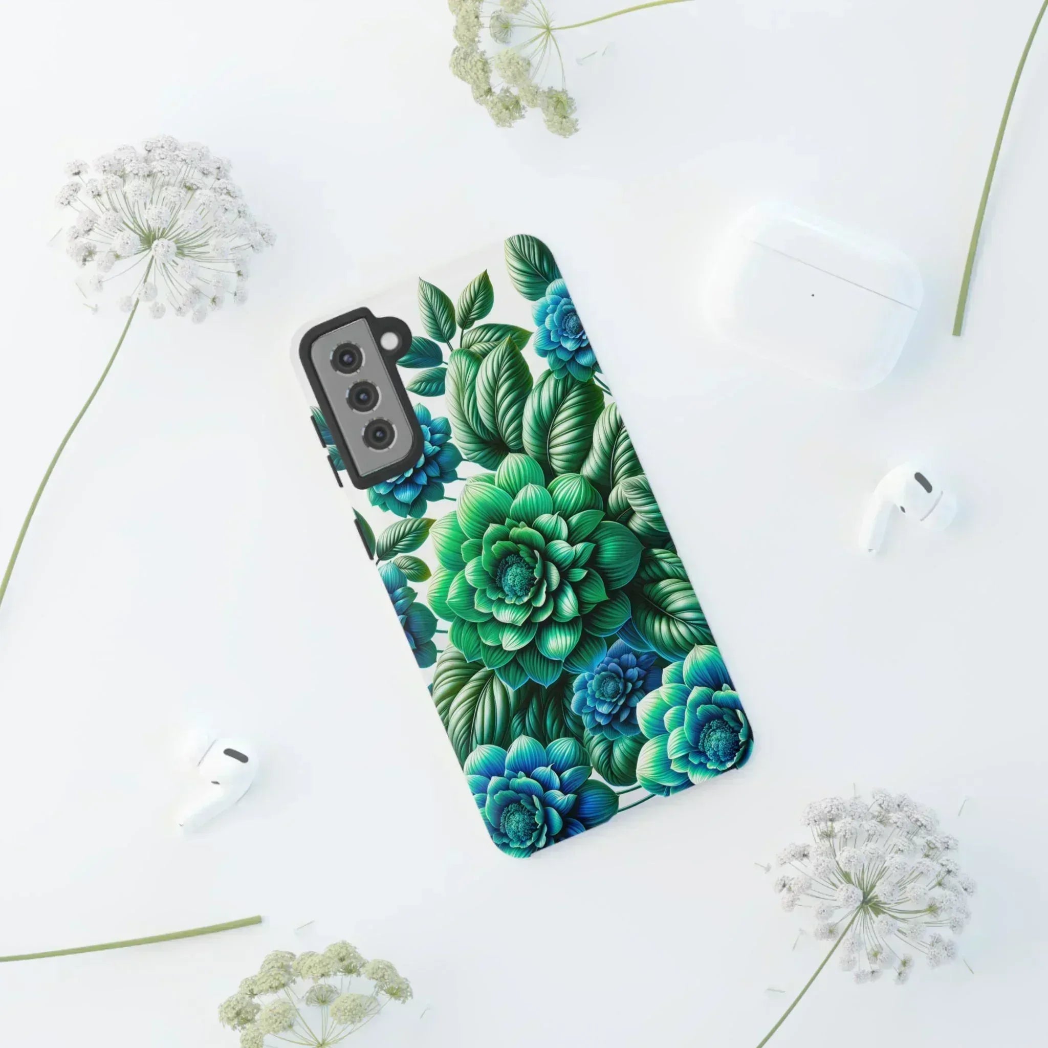 Green and Blue Floral Phone Case for Galaxy S10-S25 - KARARMDESIGN