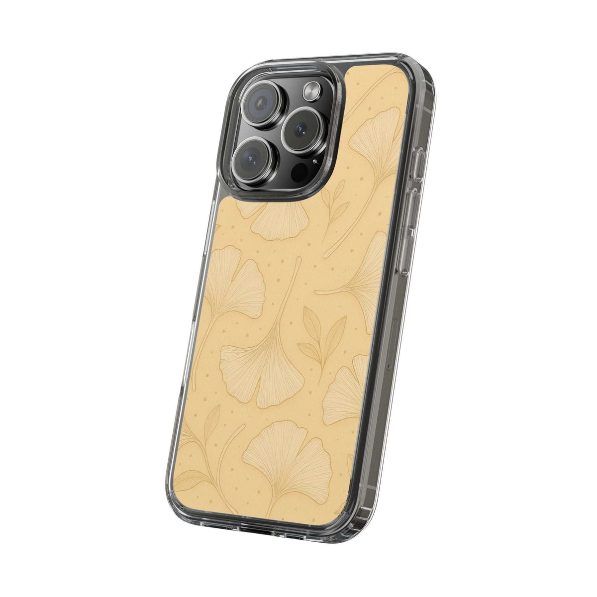 Beige ginkgo floral phone case shown at angle, transparent edge, camera bump opening