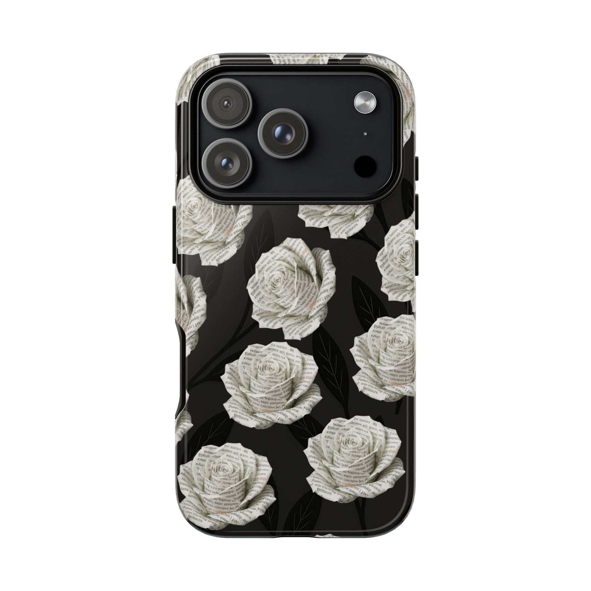 Phone case with black background and white rose pattern; multi-lens camera cutout at top-left.