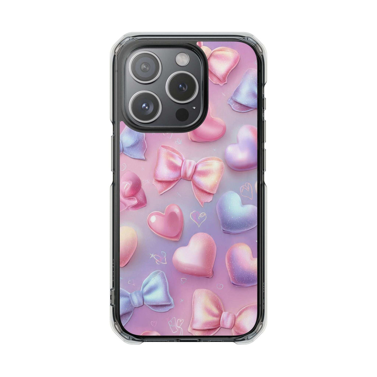 Clear phone case featuring pastel hearts, bows, and sparkles; camera cutout detail