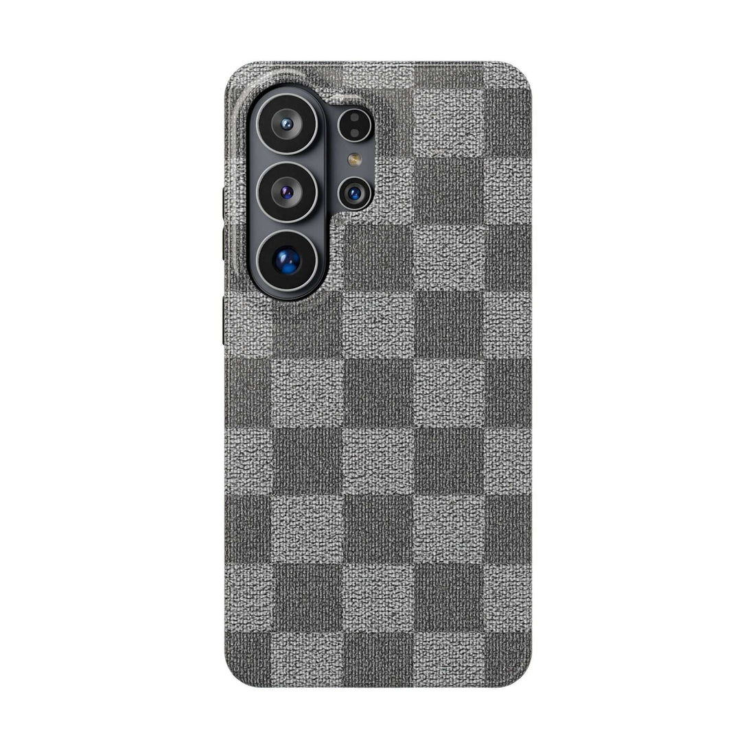 Gray checkered phone case with raised camera cutouts, textured fabric back