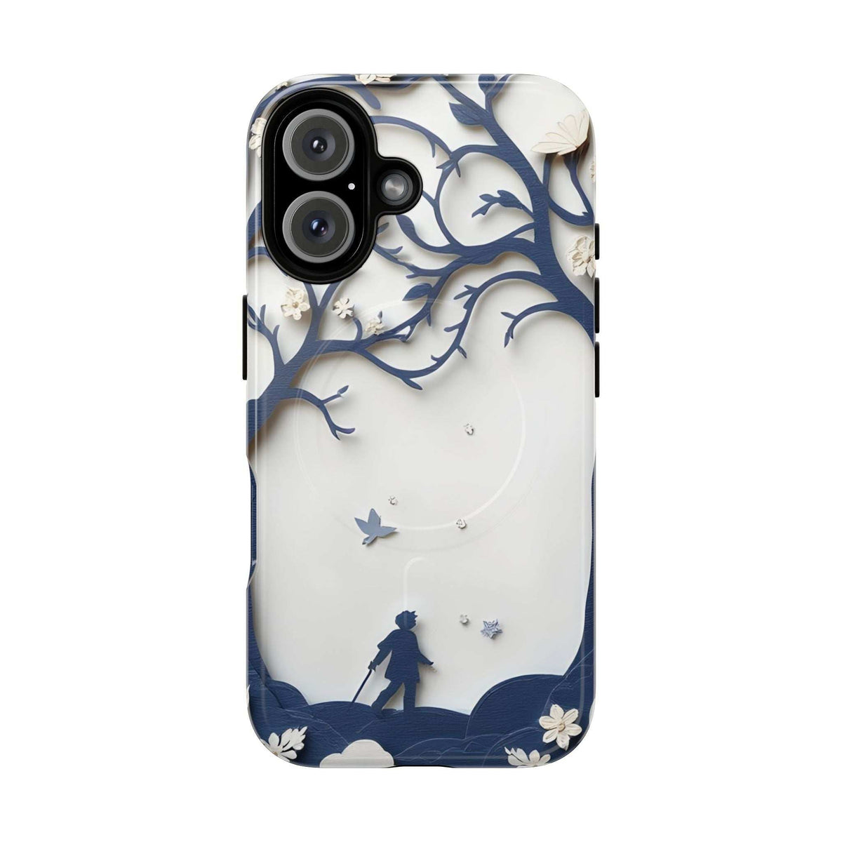Nature silhouette phone case for iPhone 13-17 with blue branches, flowers, and starry dots