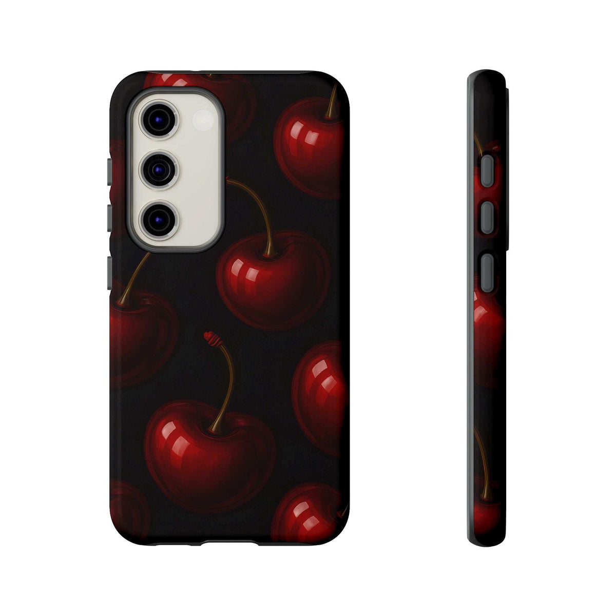 Glossy phone case with red cherries on black, side profile shows button and port openings