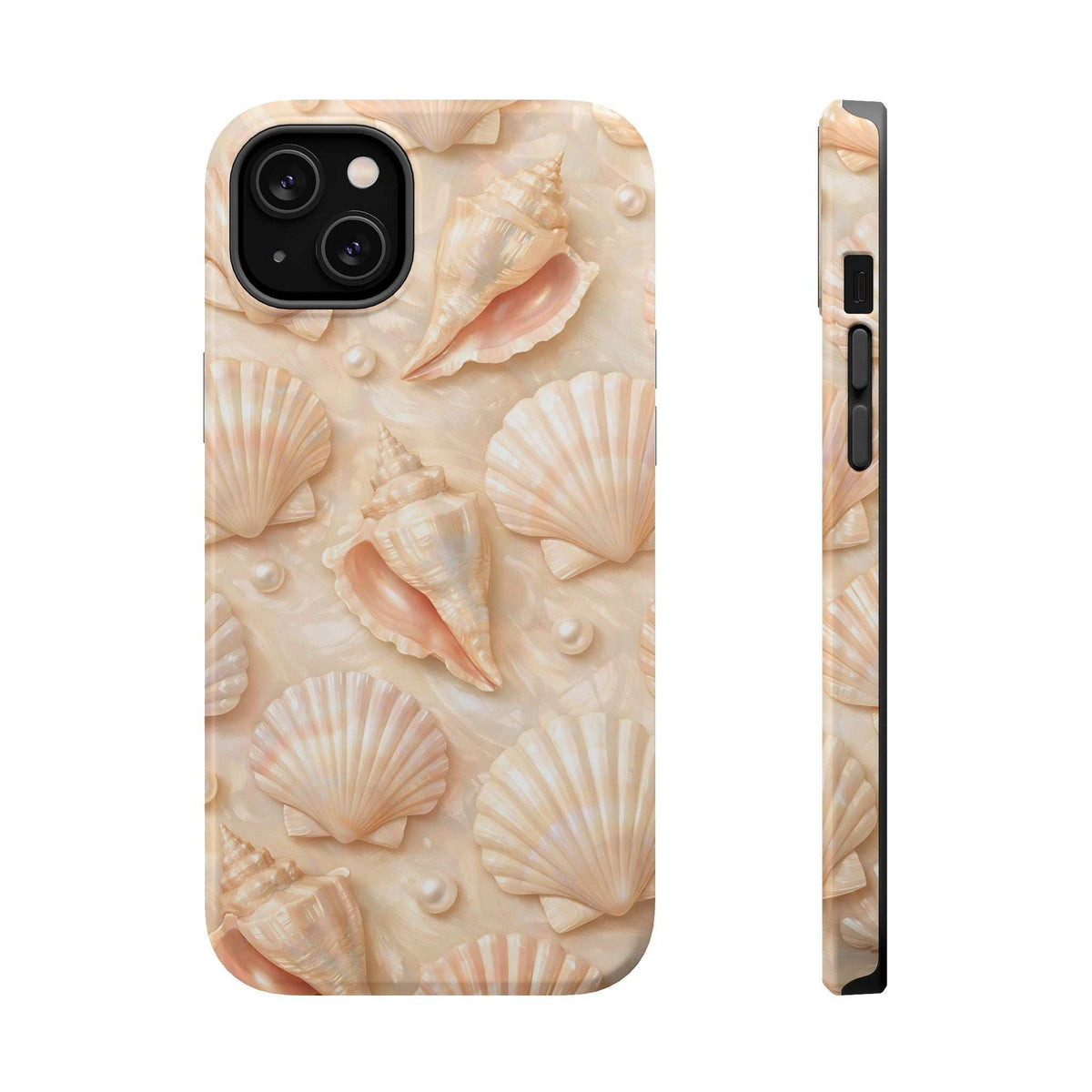 Seashell phone case with cream seashell pattern; front and side with port cutout