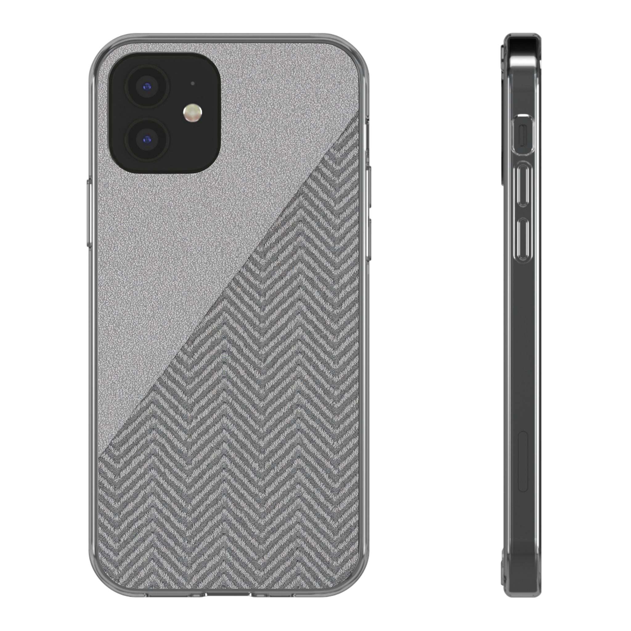Tough phone case showing dark herringbone diagonal pattern and rear camera cutouts