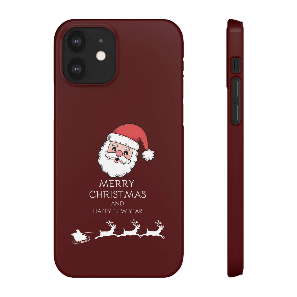 Maroon glossy phone case with Santa face and “MERRY CHRISTMAS” text, camera cutouts
