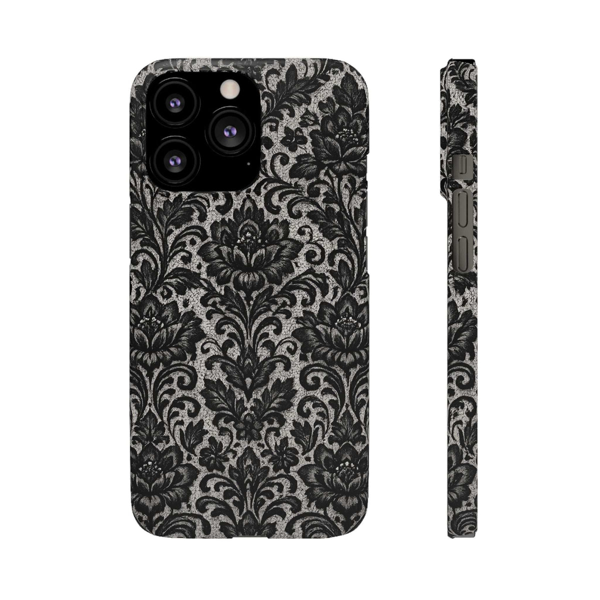 Black damask floral phone case with raised camera area and matching damask strip