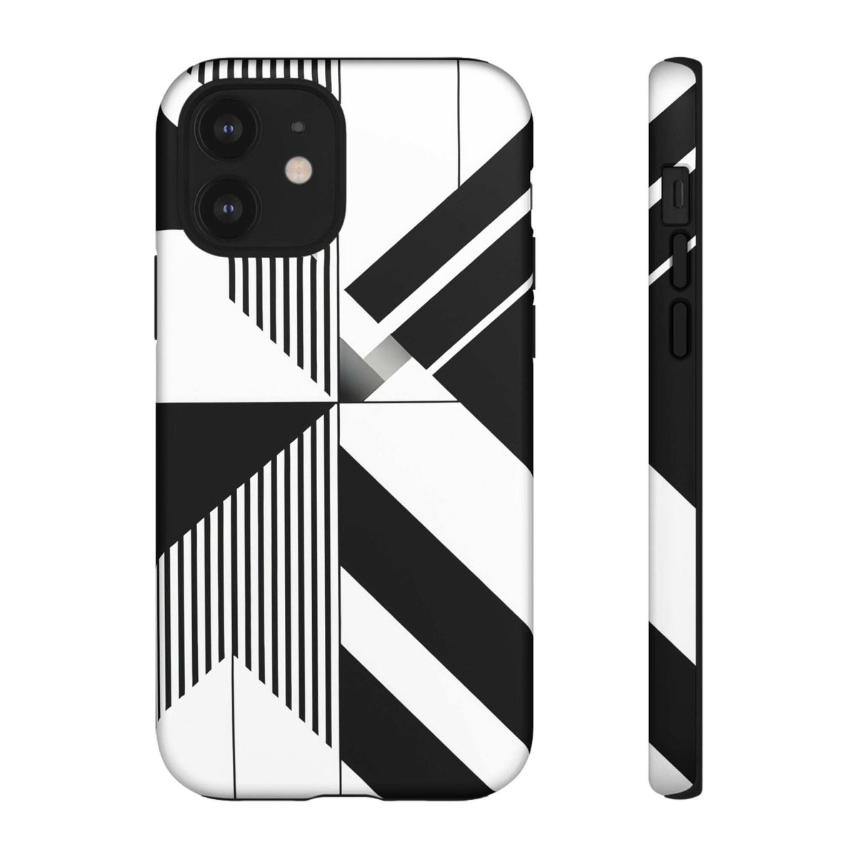 Monochrome tough phone case for iPhone and Galaxy, black-and-white geometric stripe pattern front and side