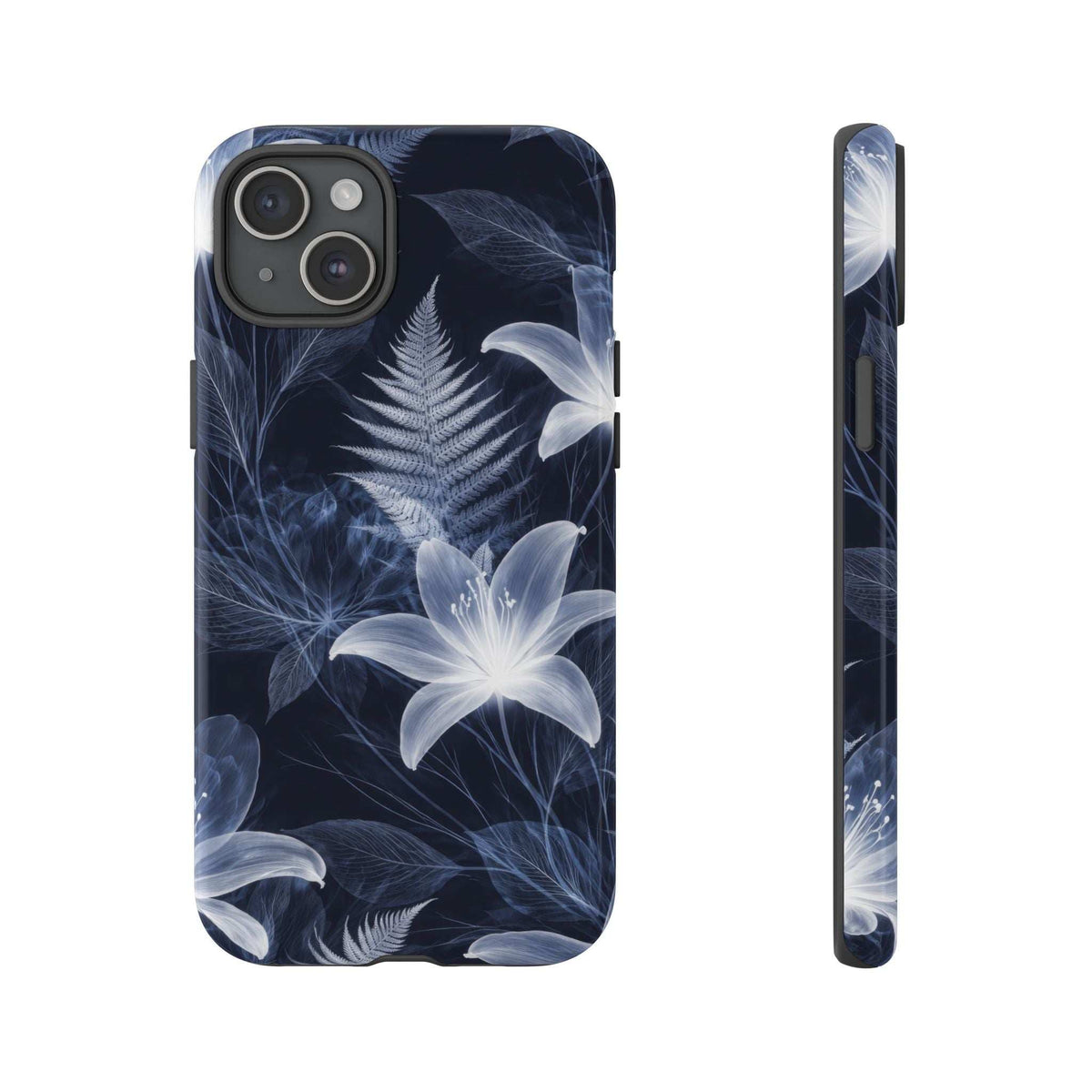 Dark blue phone case with white floral and fern pattern; side profile with button cutouts.