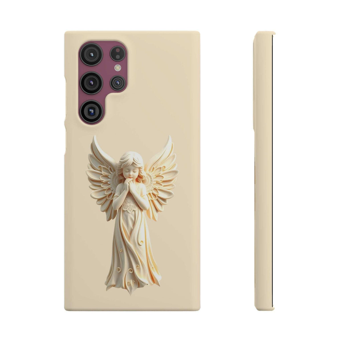 Cream phone case with angel figure artwork and four-lens camera cutout