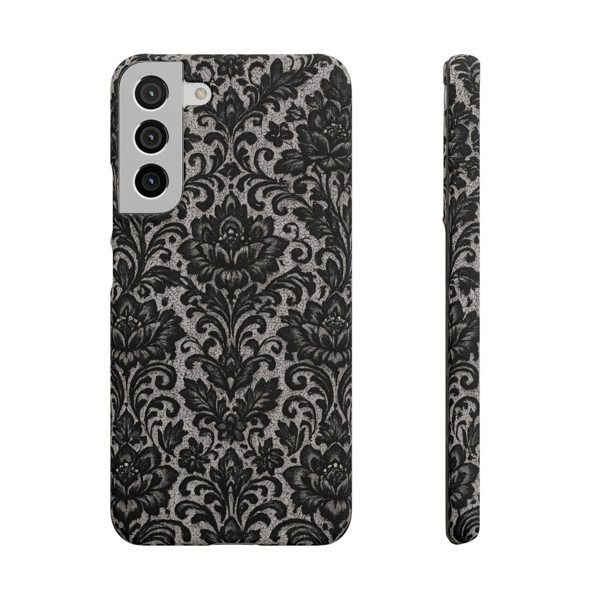Black damask floral phone case front view with camera module openings and side profile
