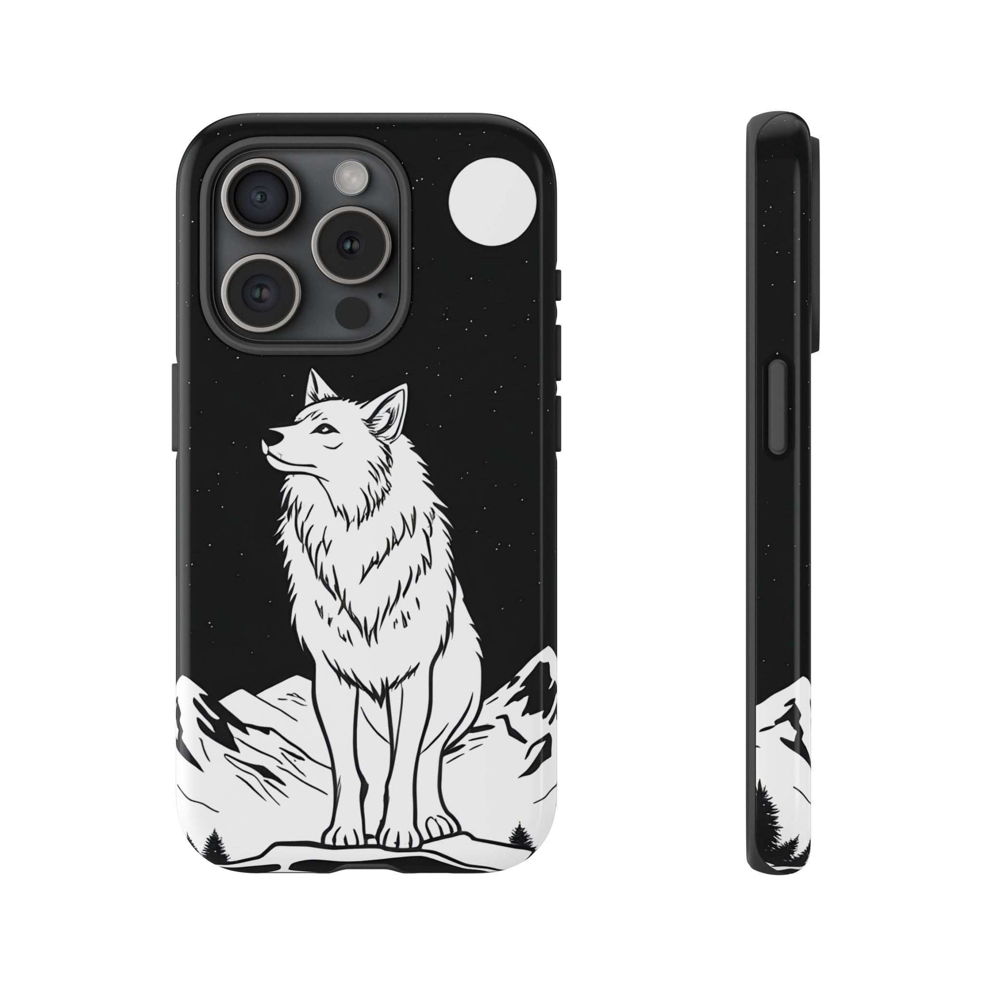 Black phone case with white wolf graphic, circular top cutout, camera cutouts, side profile