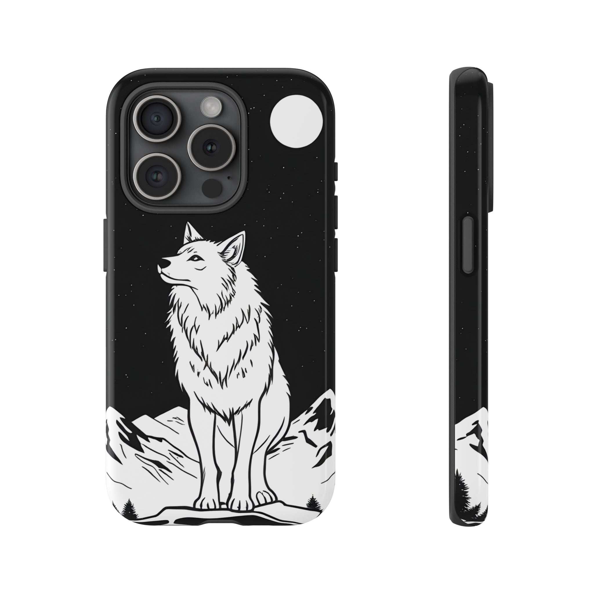 Black phone case with white wolf graphic, circular top cutout, camera cutouts, side profile