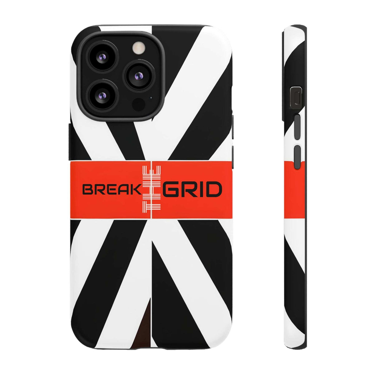 Phone case with black-and-white geometric stripes, red "Break Grid" band, front and side view.