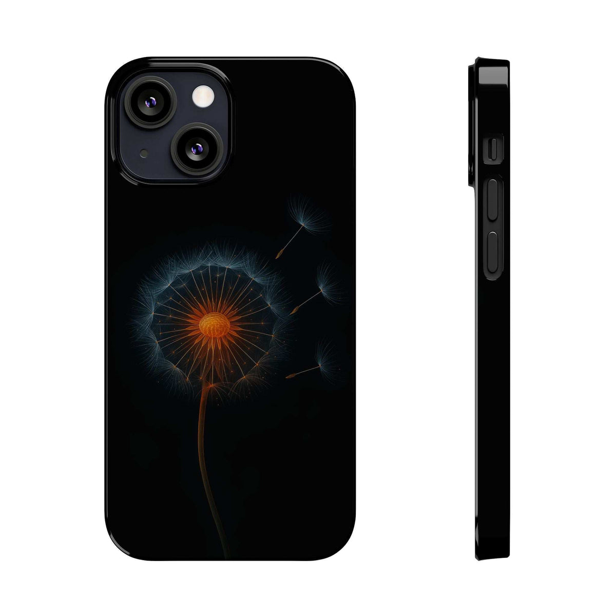 Black phone case with glowing dandelion artwork and back camera cutouts