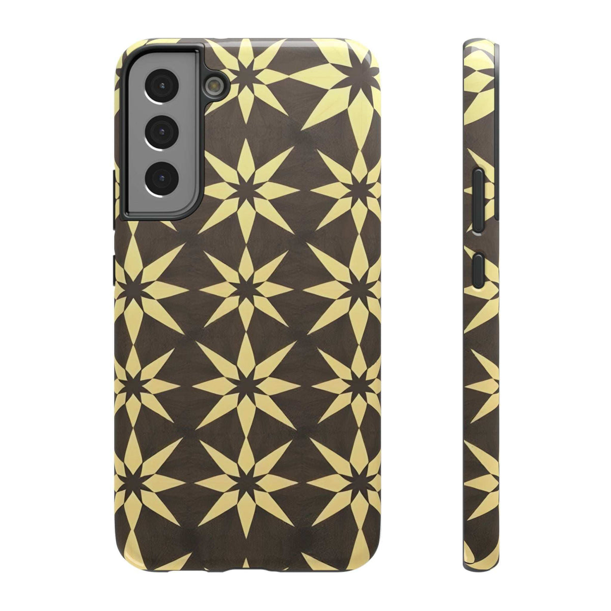 Star geometric phone case with side button openings, black and gold star pattern.