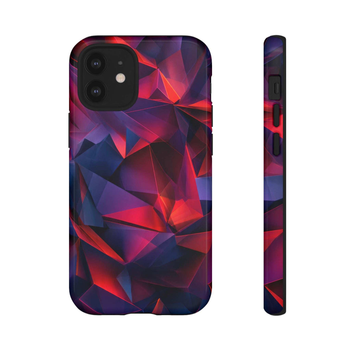 Glossy phone case with red-blue geometric prism design, side buttons and camera cutouts.