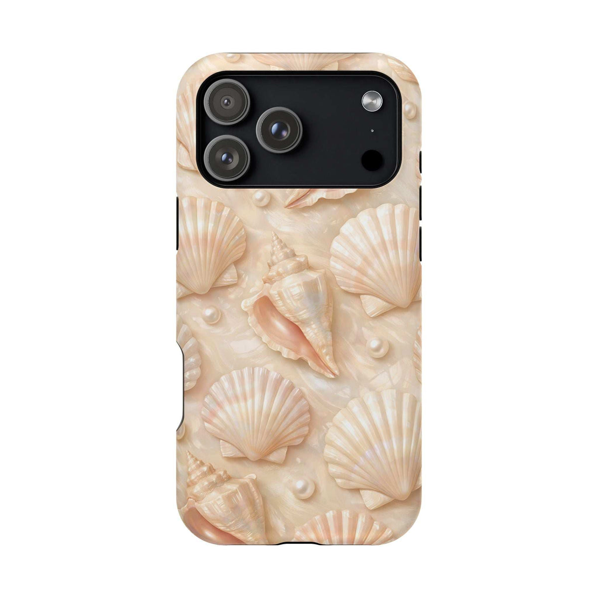 Seashell phone case for iPhone 13–17 with beige seashell pattern and dual camera cutout