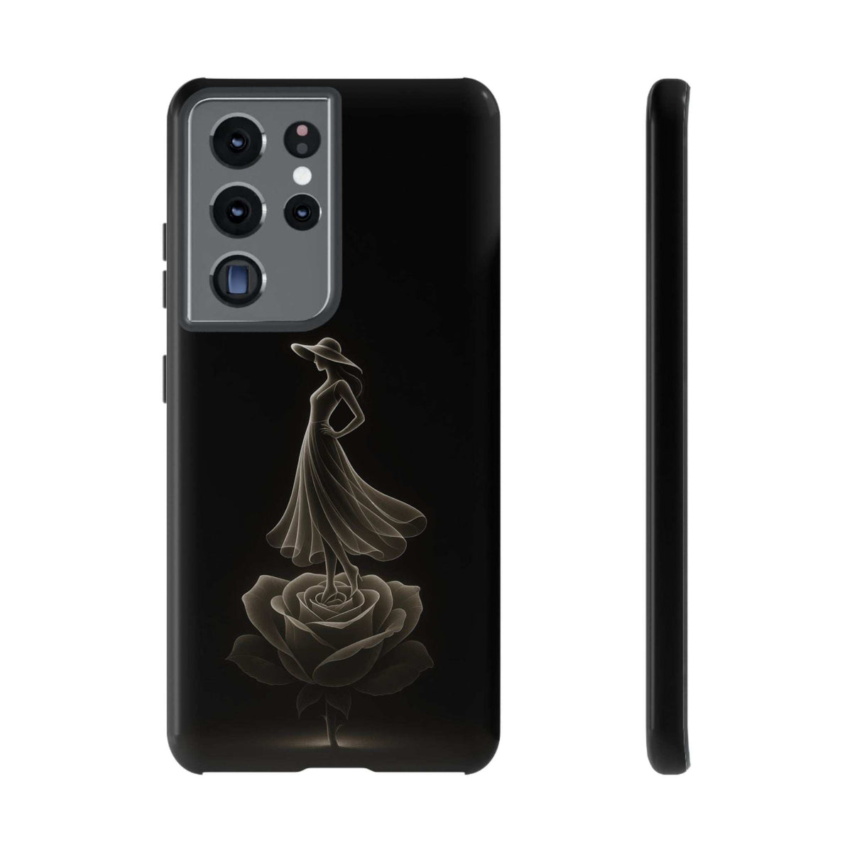 Glossy black phone case back with floral dancer illustration and camera module cutouts