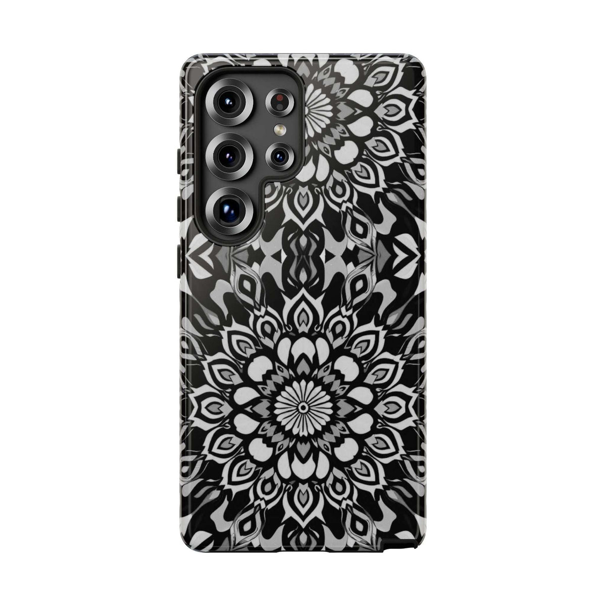 Mandala phone case with black-and-white floral pattern and multi-camera cutouts