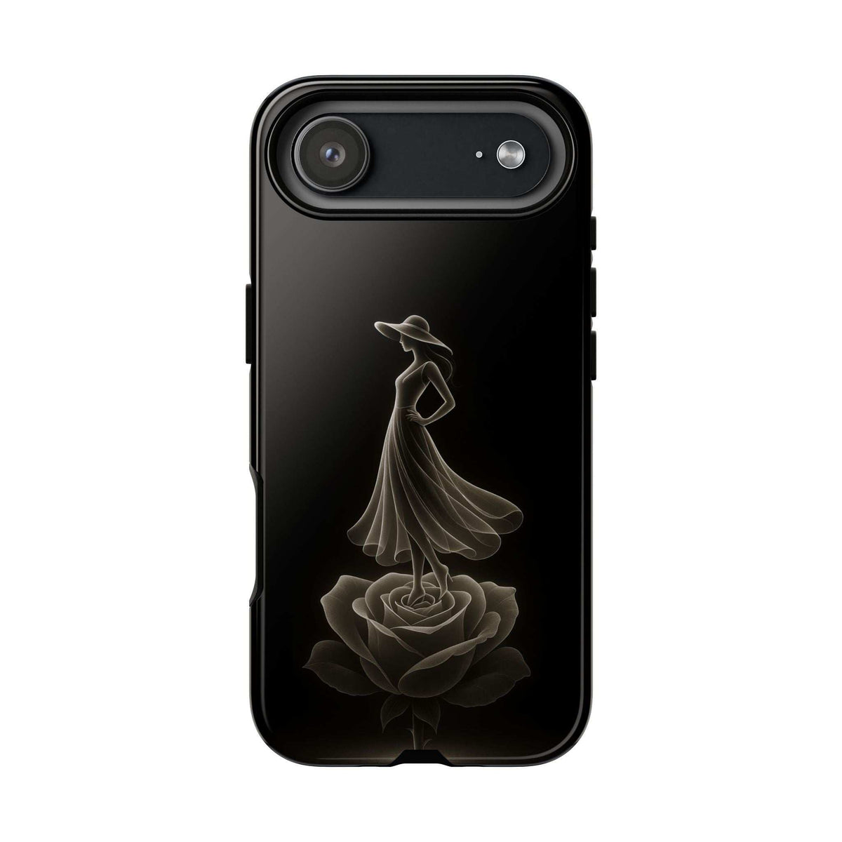Glossy black phone case featuring a ballet dancer and rose motif with rear camera cutout.