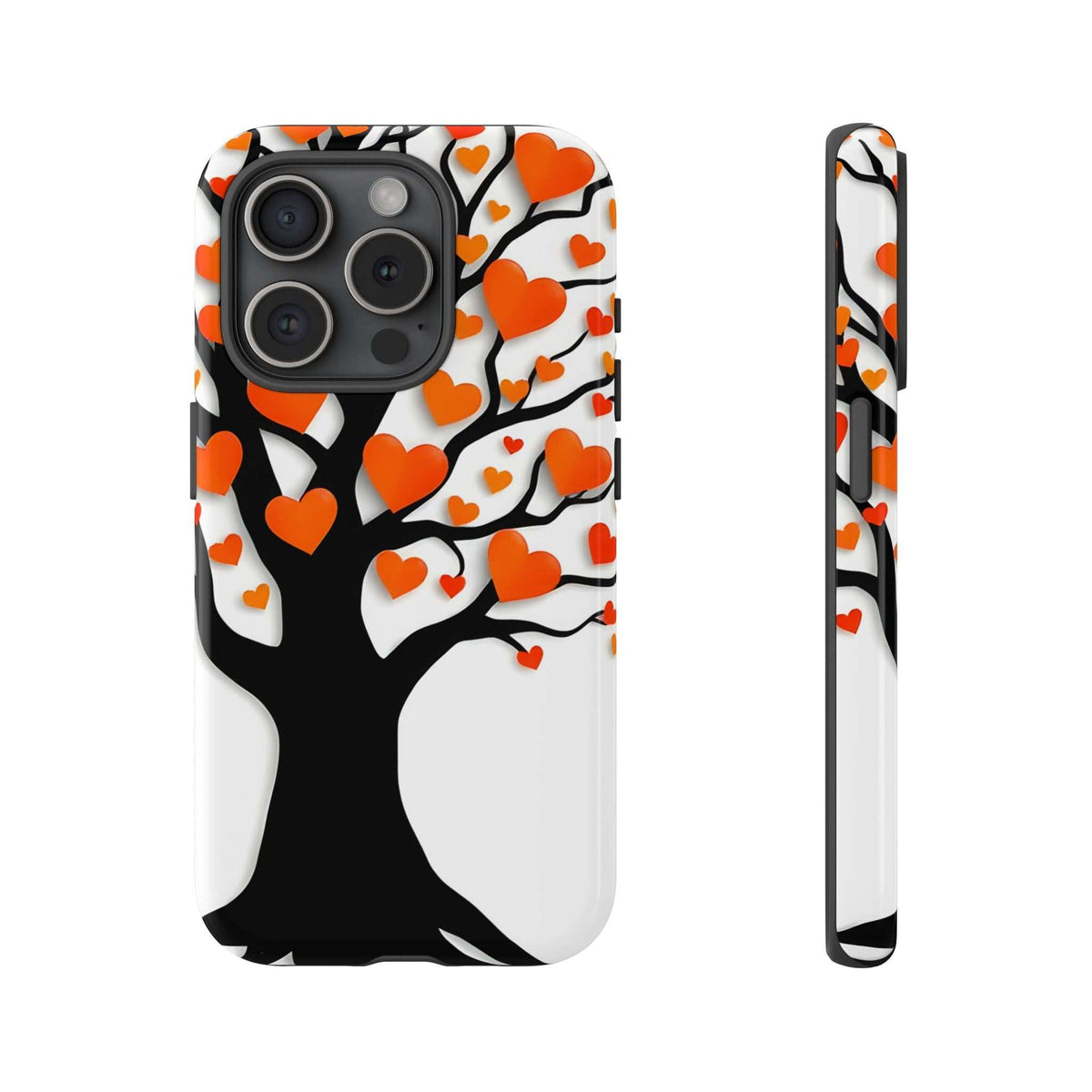 Heart tree phone case with orange and red hearts; triple camera cutout and flash opening.