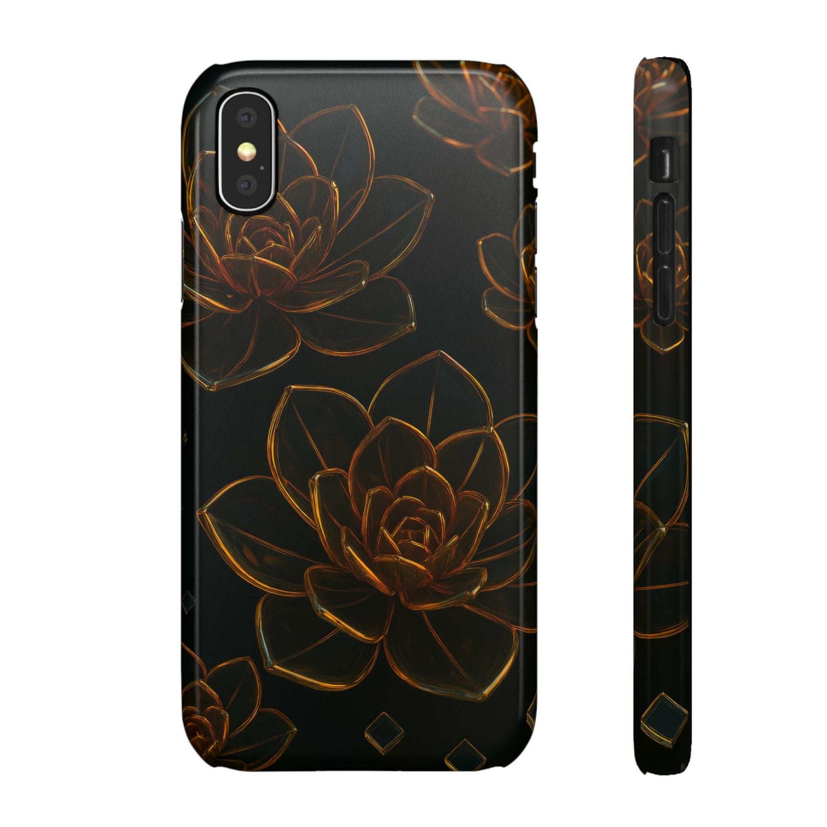 Glossy glass phone case in black with gold flower artwork; front and side profile shown