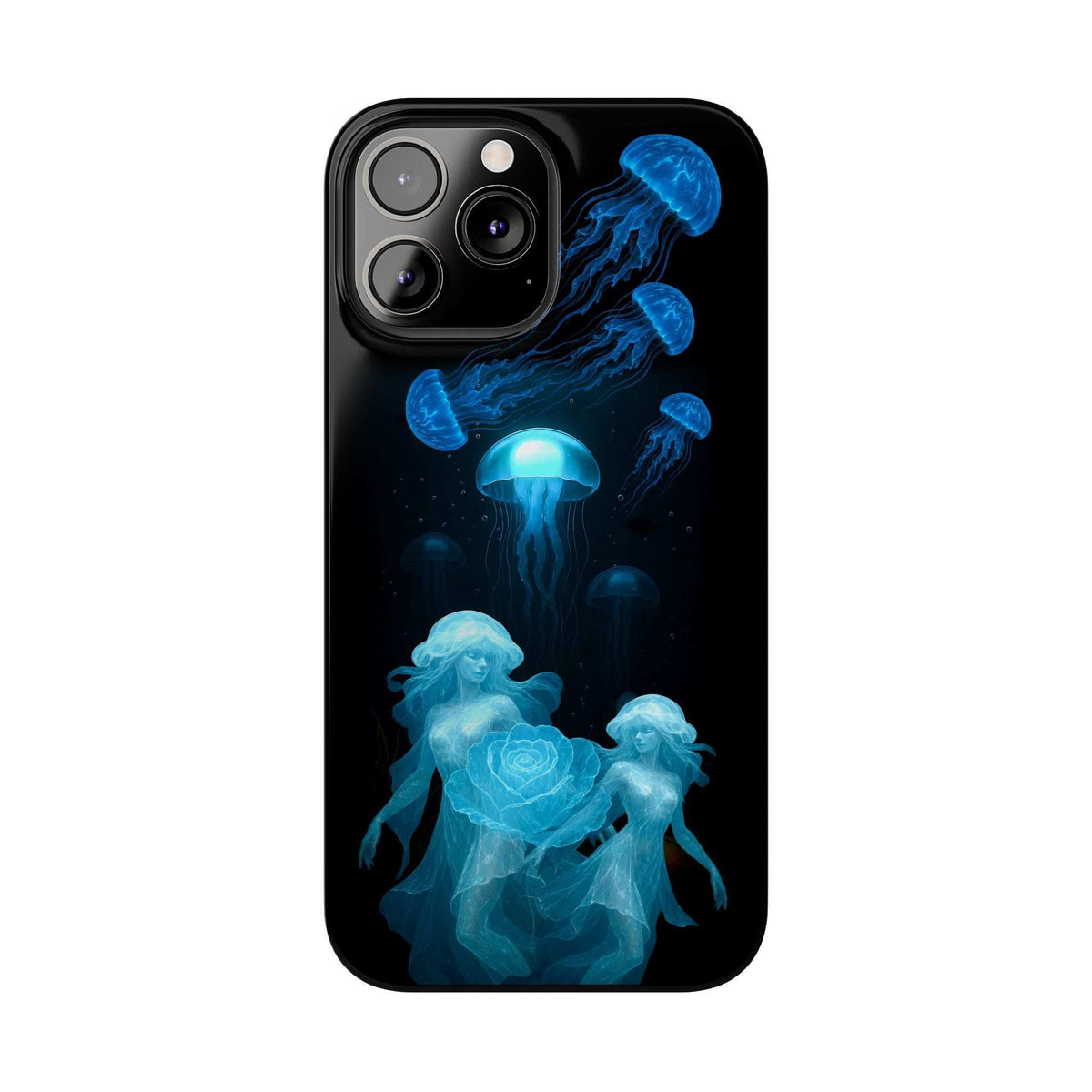 Dark blue jellyfish and rose phone case with camera cluster cutouts