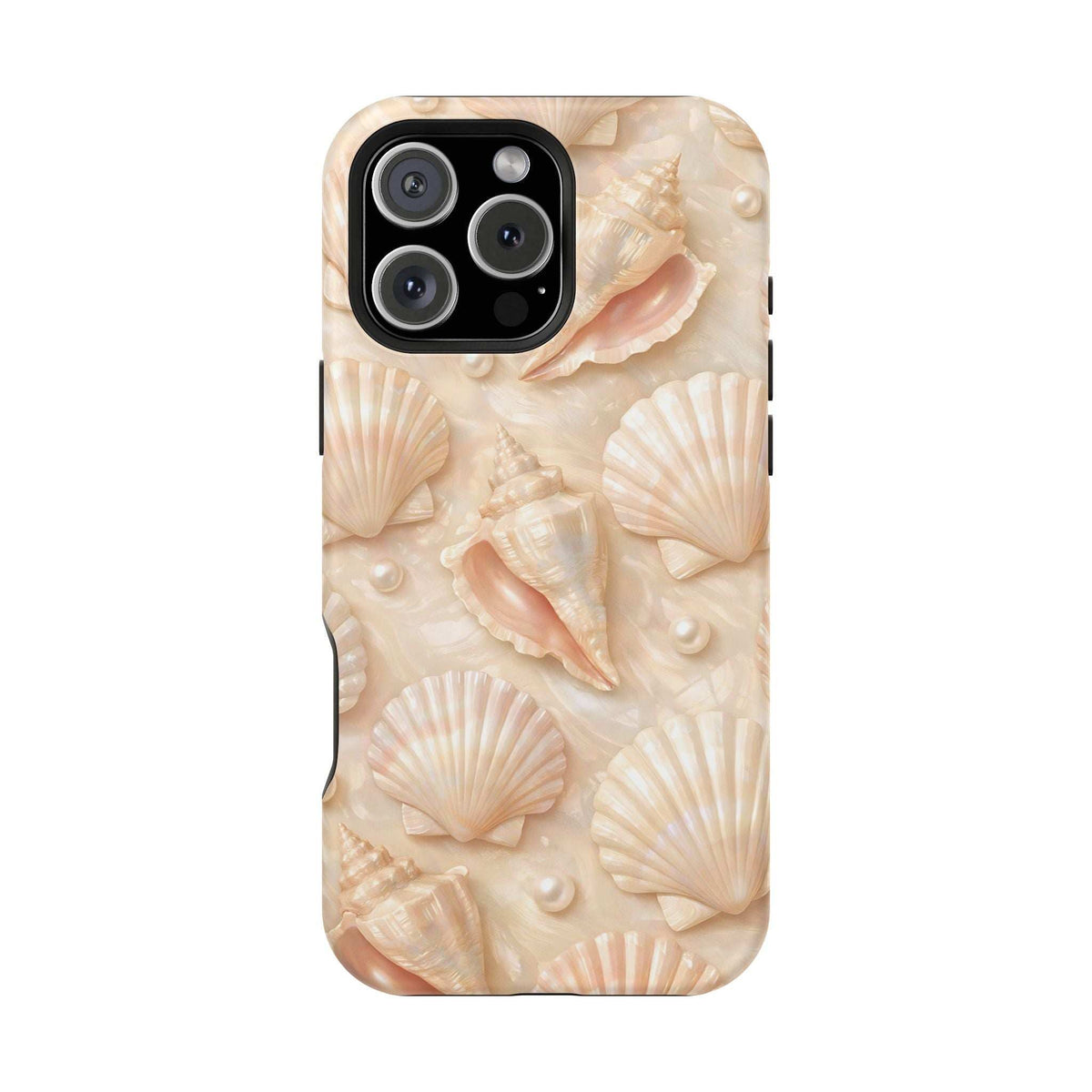 Seashell phone case for iPhone 13–17 with beige seashell pattern and triple camera cutout