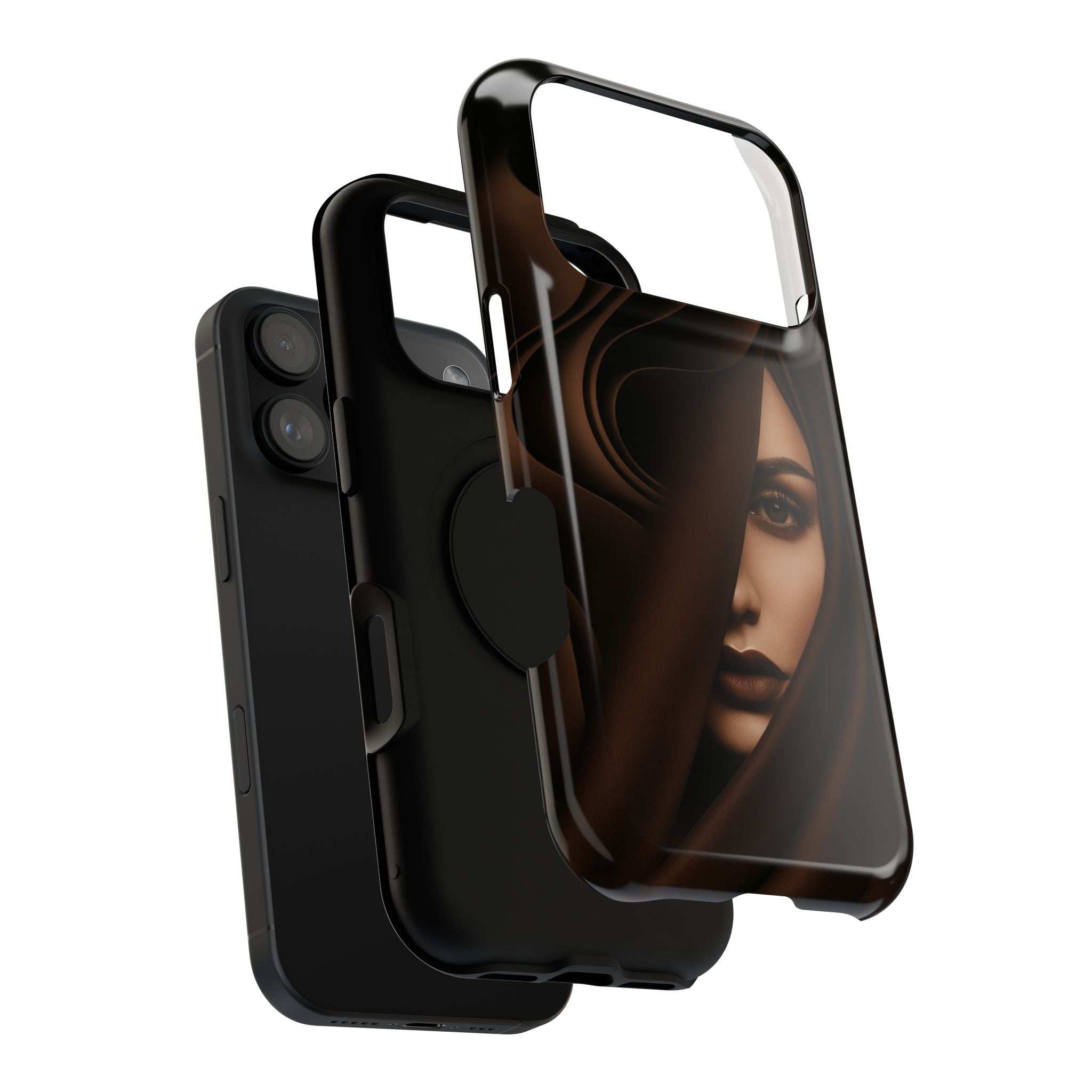 Phone case with dark portrait graphic, protective bumper edges, camera opening