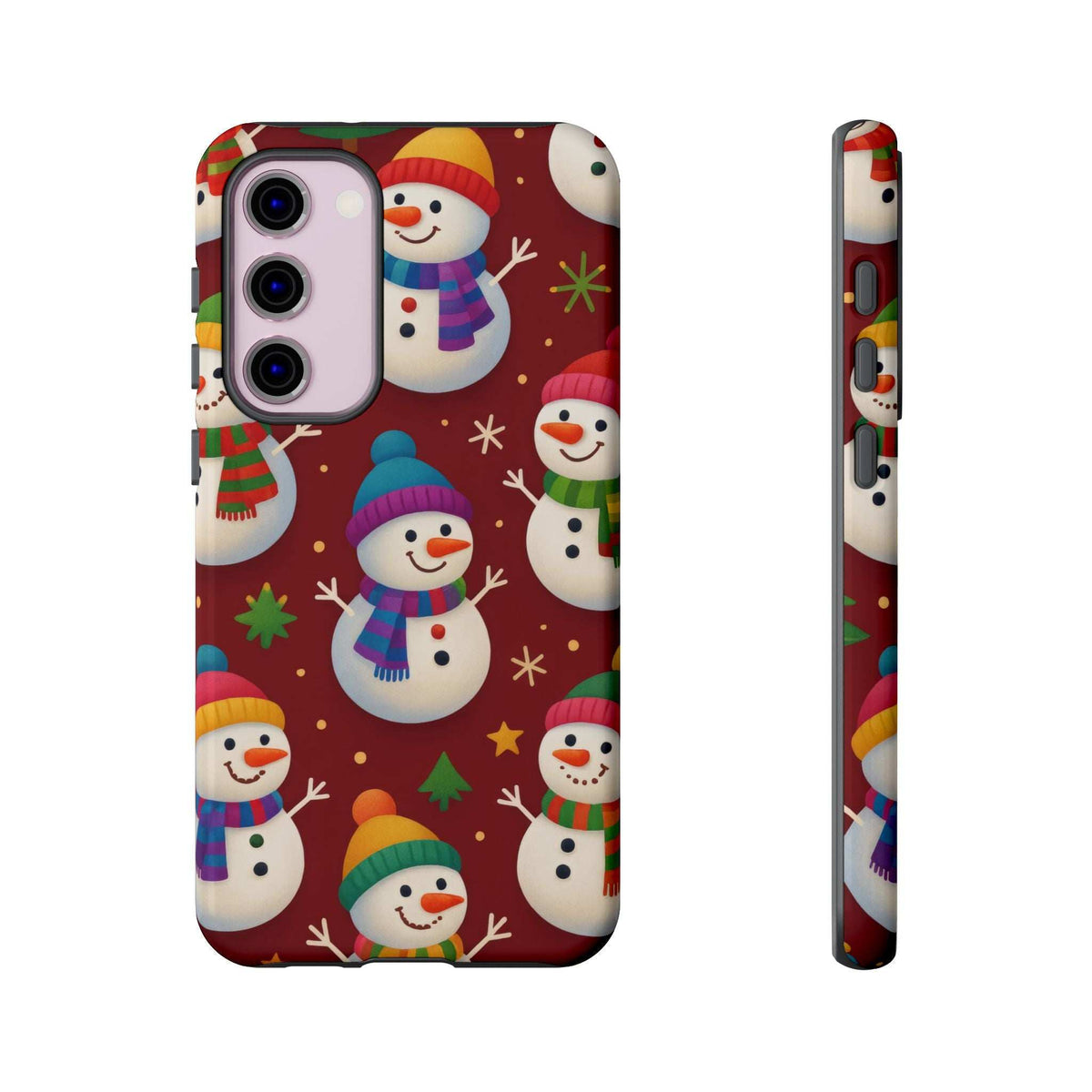 Glossy phone case with festive snowman parade artwork; camera cutouts and side button openings.