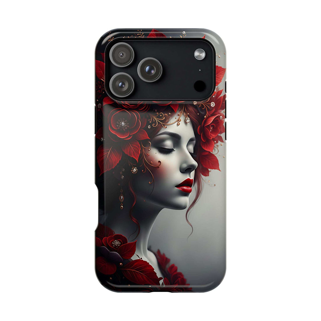 Portrait phone case with dark-haired woman and red roses, black camera cutouts