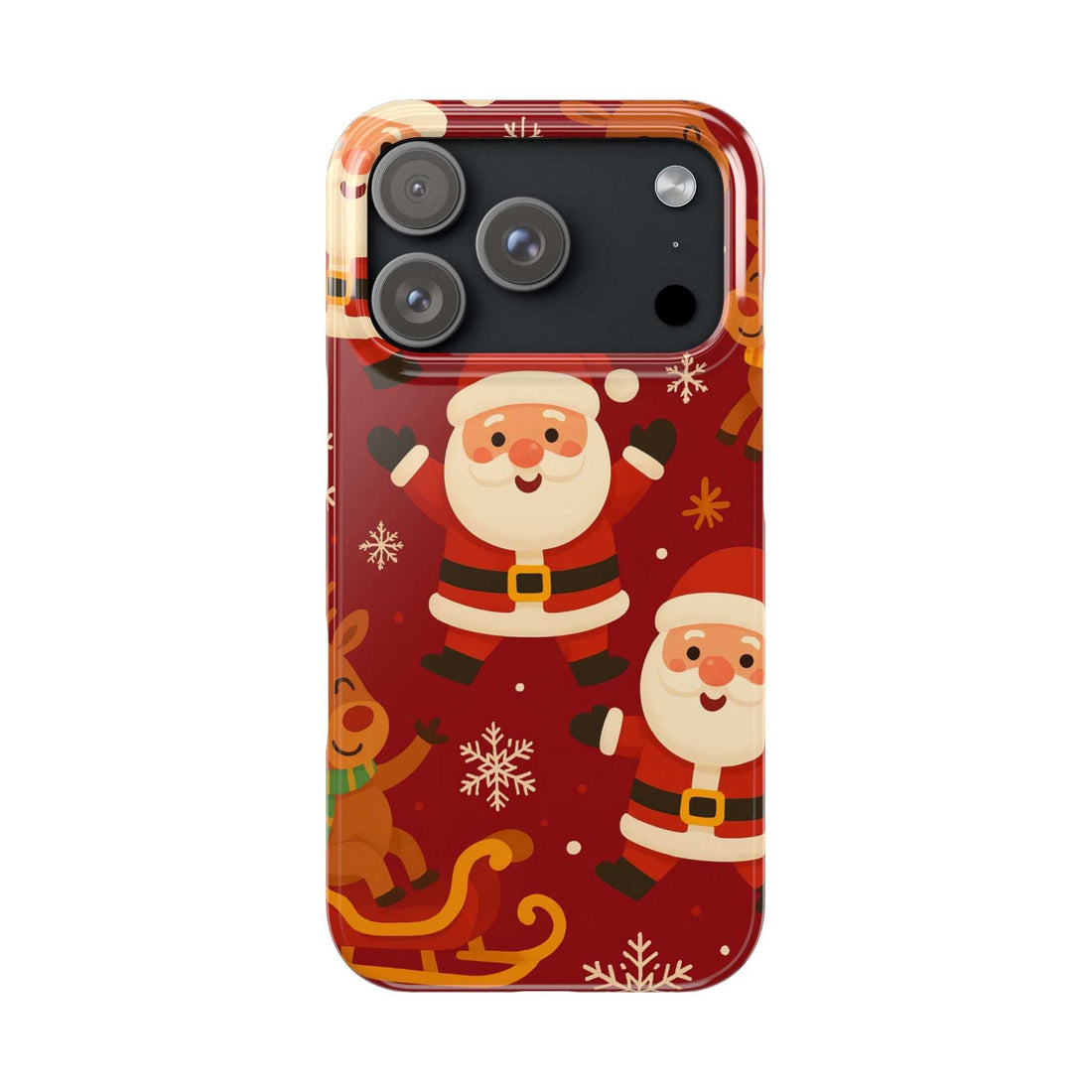 Red holiday Santa phone case with gingerbread and snowflakes, raised camera cutouts