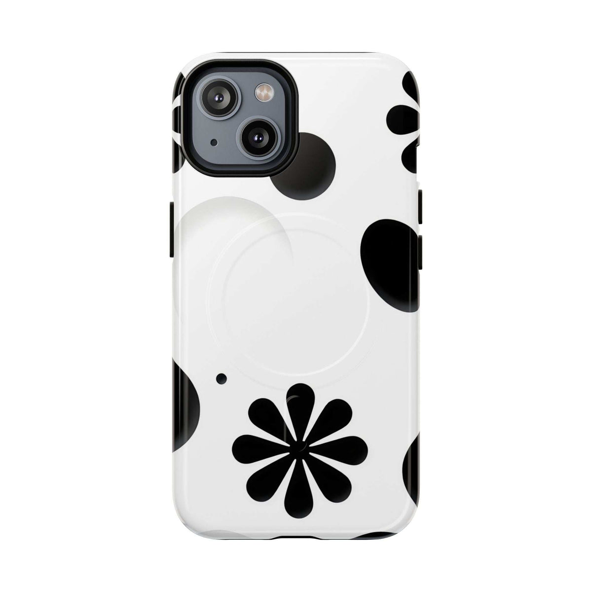 White phone case with black flower and dot pattern, open camera cutout