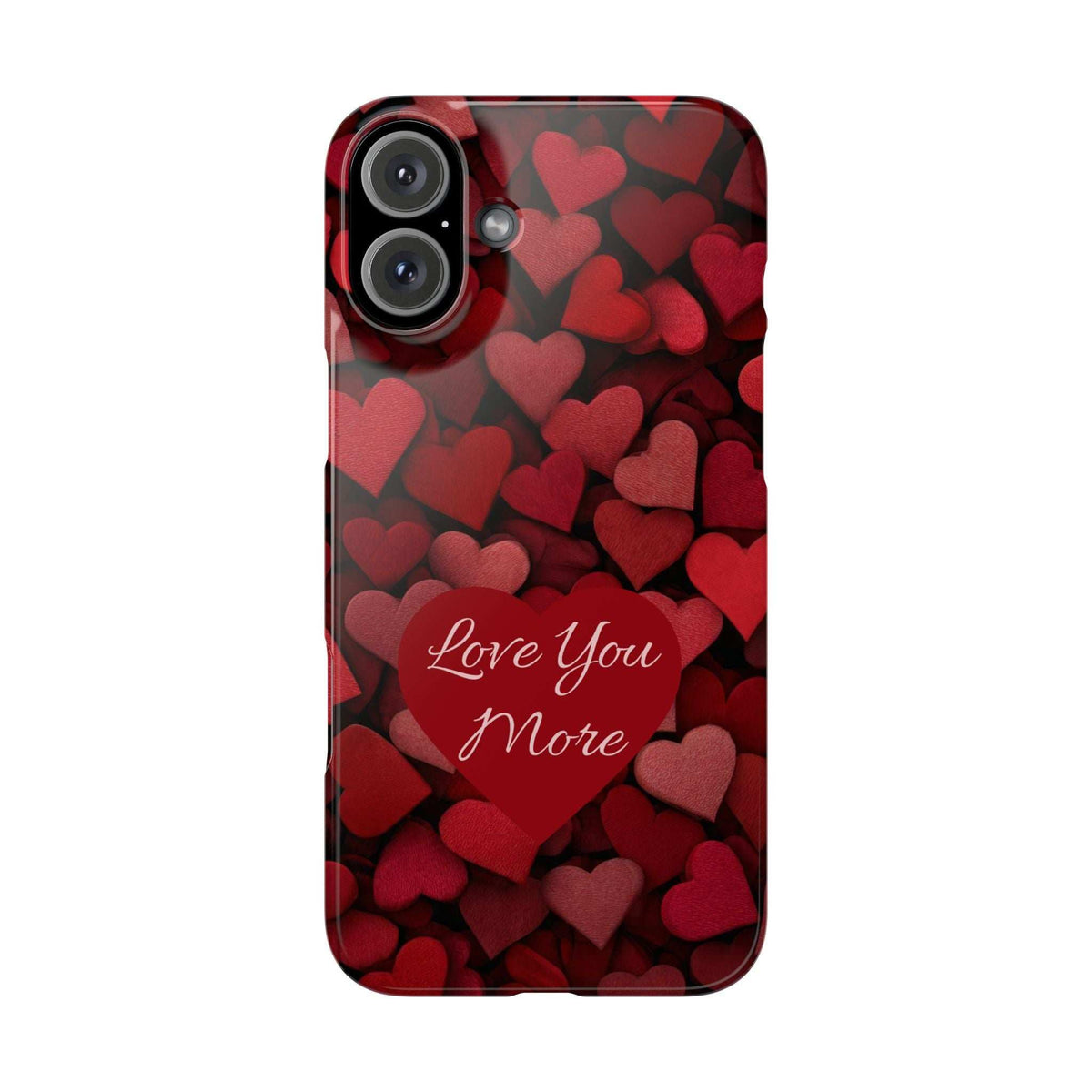 Red heart phone case with “Love You More” script, visible camera lenses