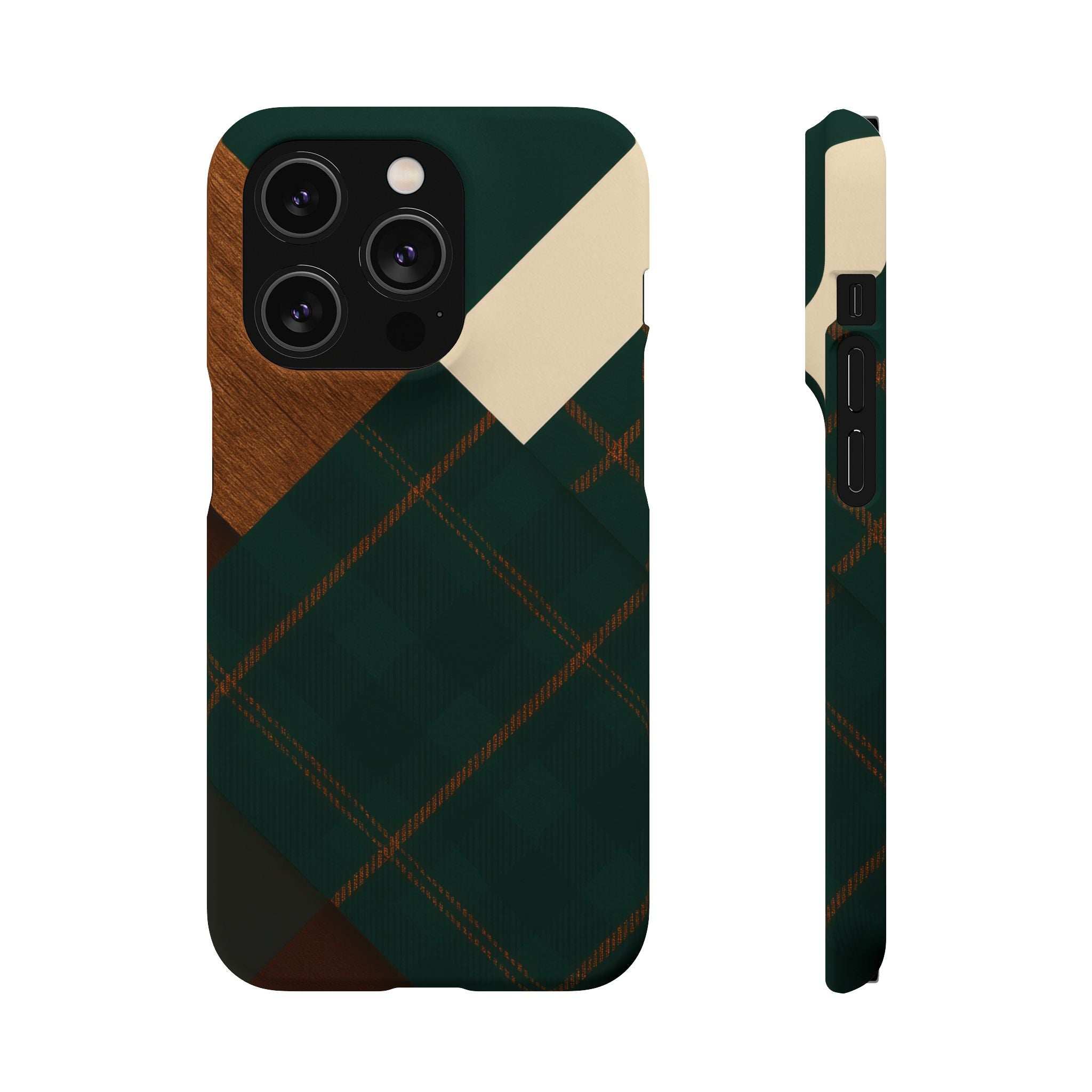 Rustic green phone case with multi-camera cutouts, wood triangle, and plaid design