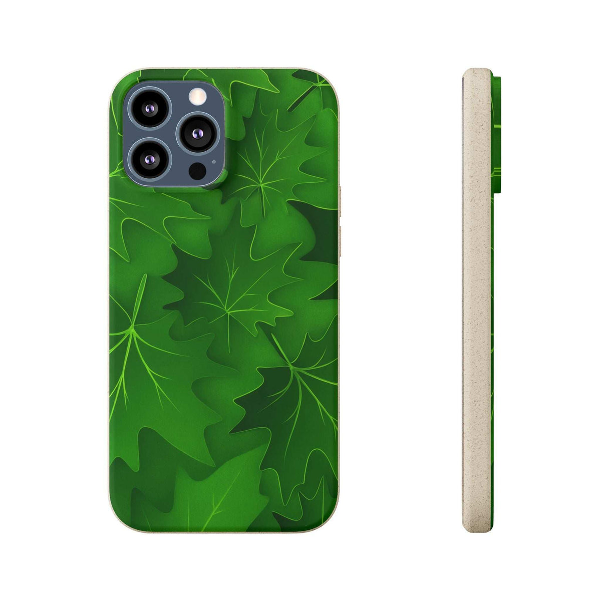 Phone case with green botanical leaf pattern, back view with camera cutouts and side