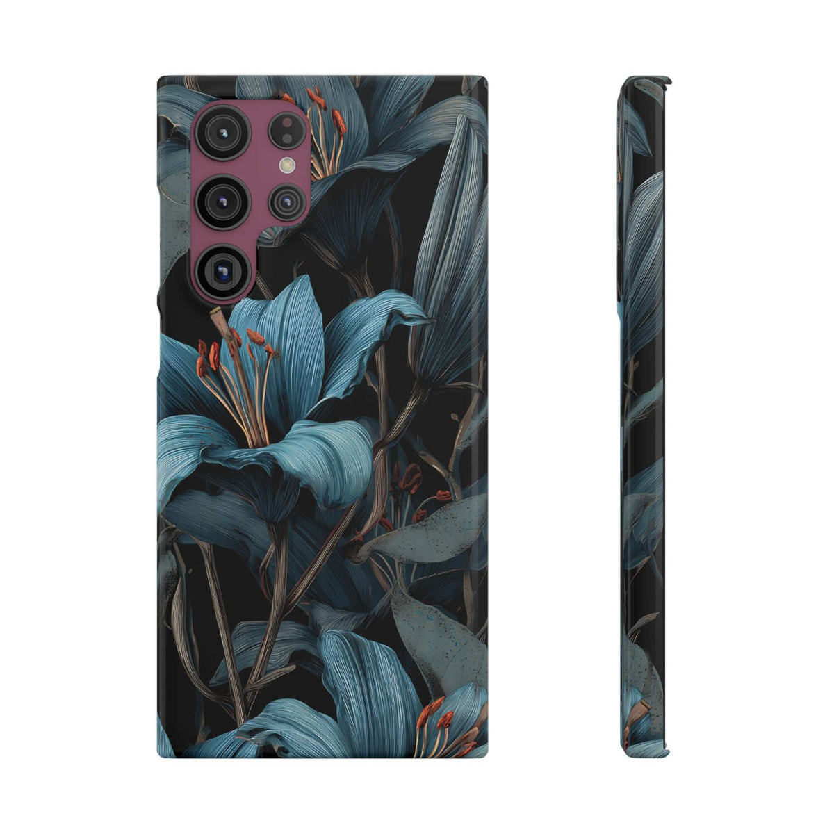 Phone case with blue floral foliage print and dark frame, camera cutouts and button access
