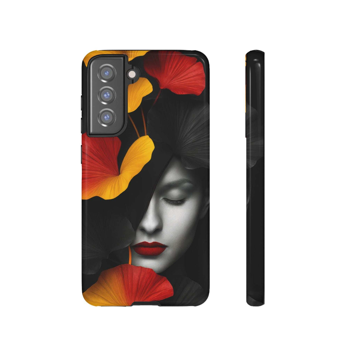 Glossy phone case with black face-art, red and yellow flowers, cutouts for cameras and buttons