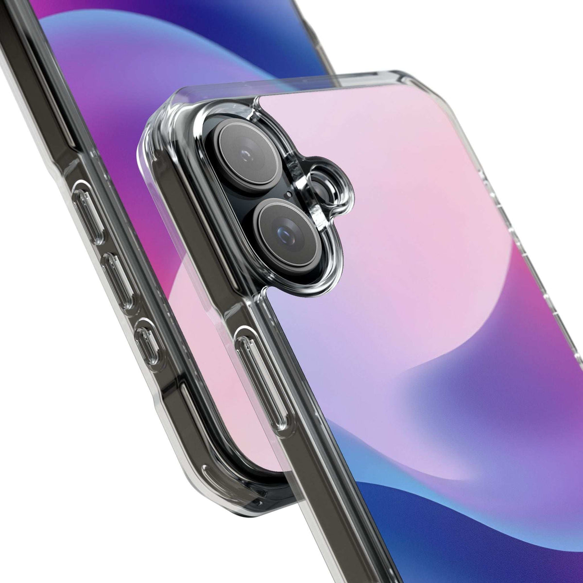 Pastel wave phone case with clear bumper and camera guard, angled corner view