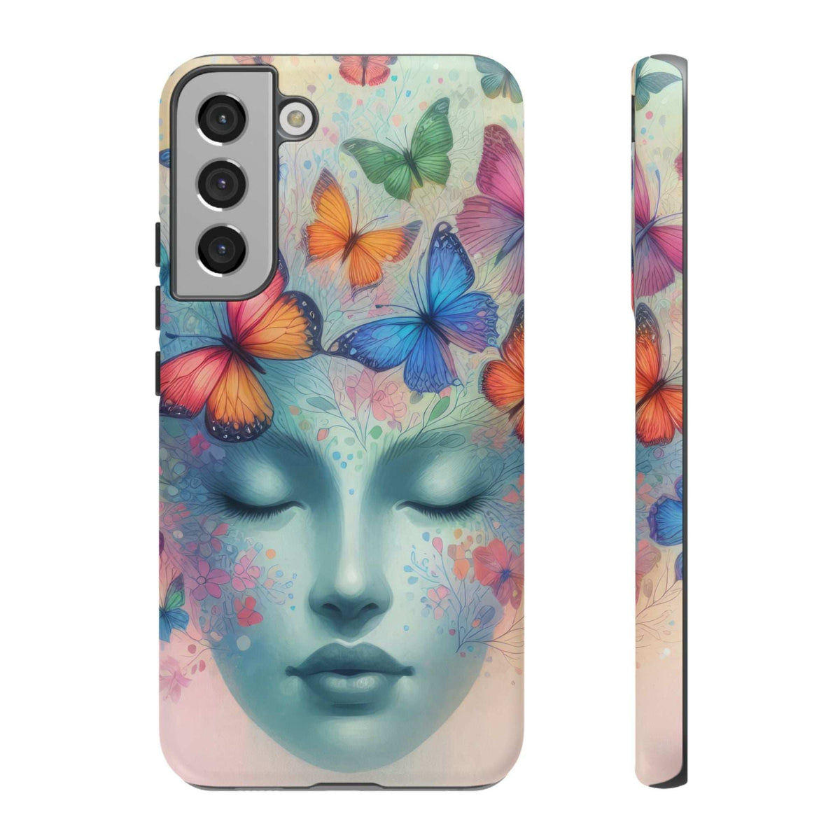 Phone case with vibrant butterflies above a blue face illustration, slim profile side view