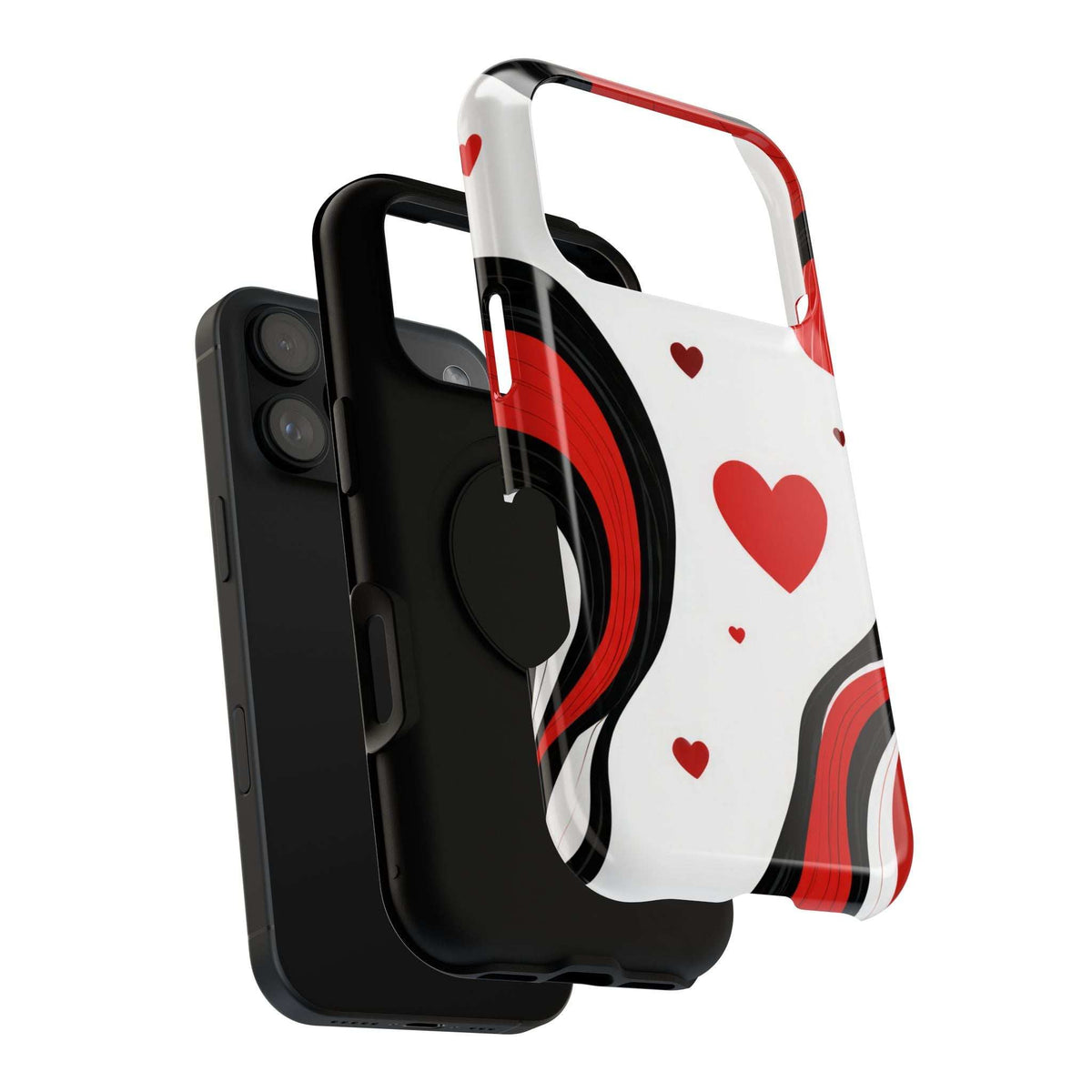 Glossy white phone case with red hearts and abstract red curves, raised back protection