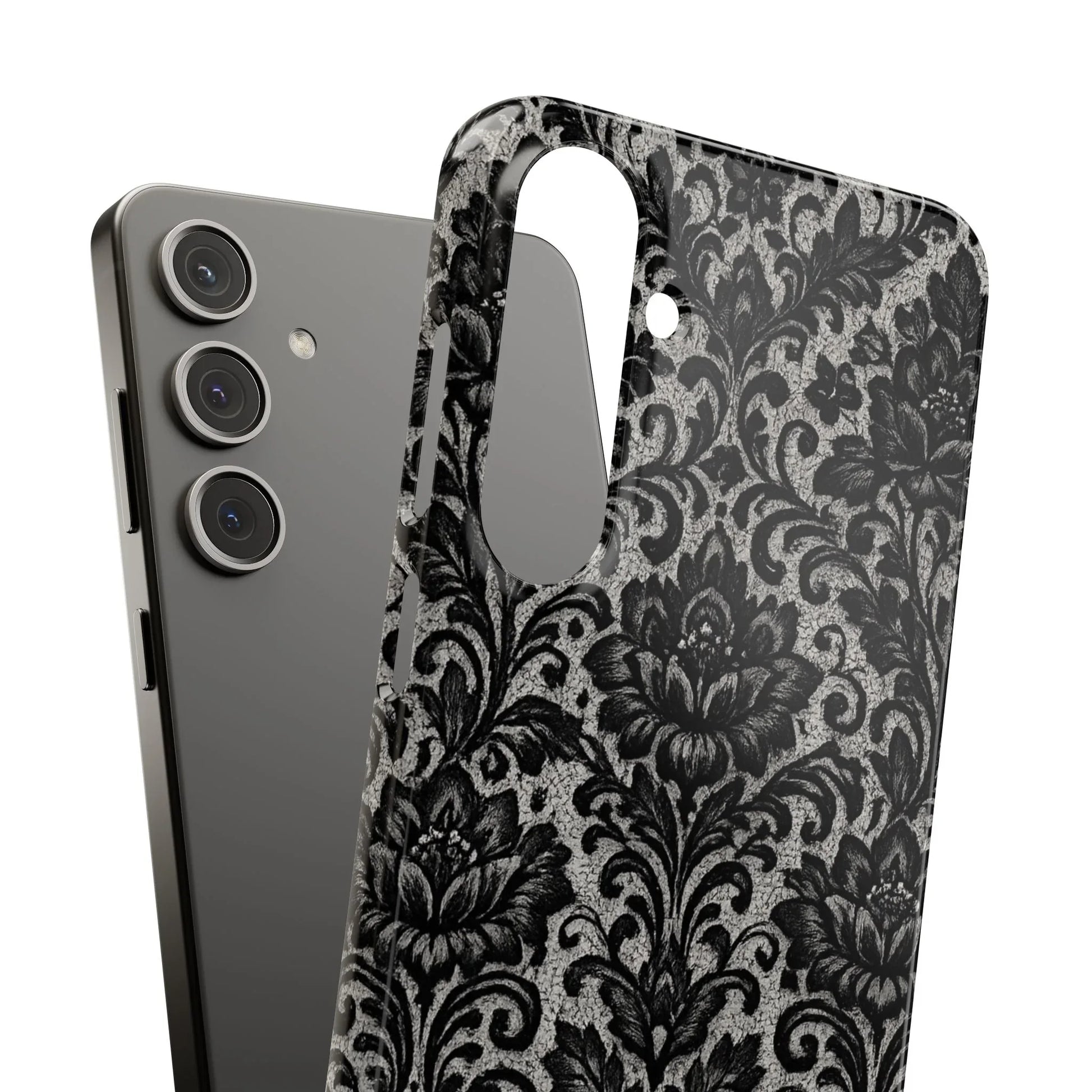 Black Damask Floral Phone Case for iPhone 11-17 and Galaxy S20-S25 - KARARMDESIGN