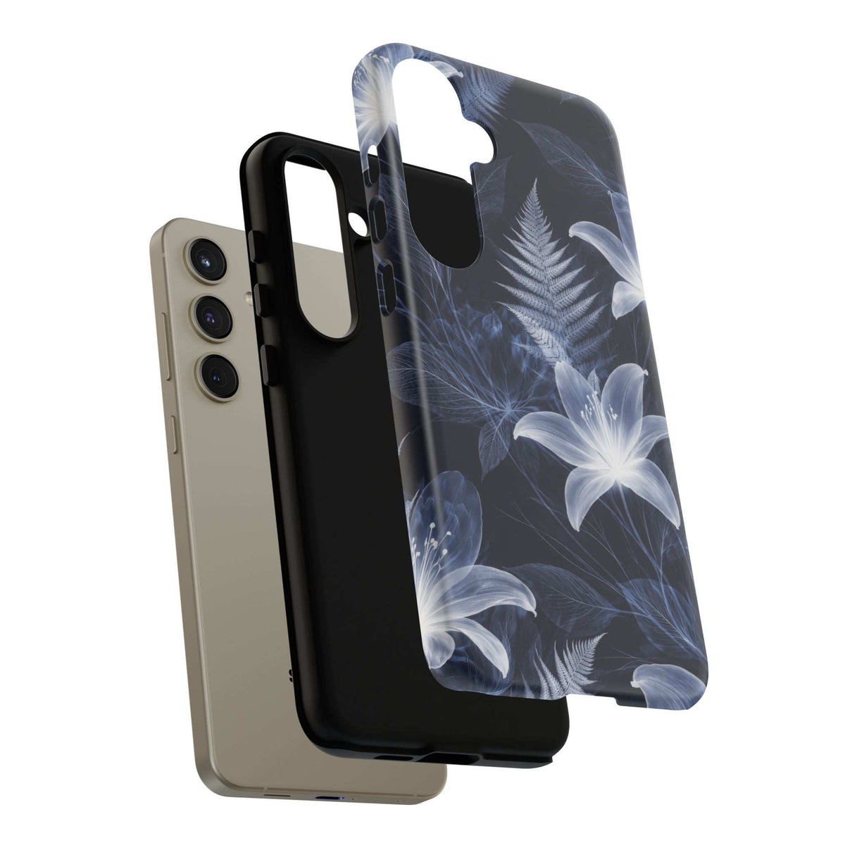 Navy floral phone case with white fern and flowers, raised camera cutout and precise edges