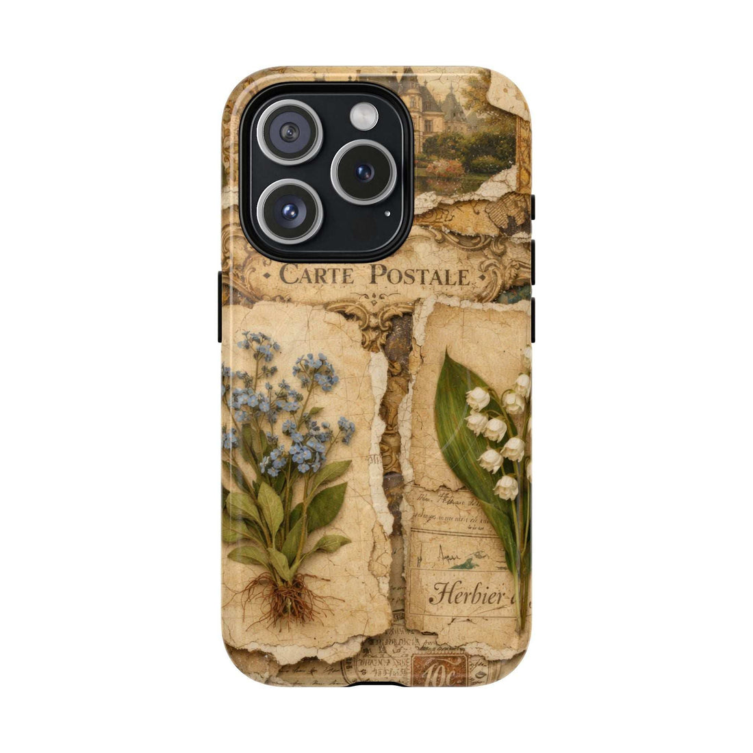 Phone case with vintage postcard design, blue wildflowers, green leaves, and camera cutout