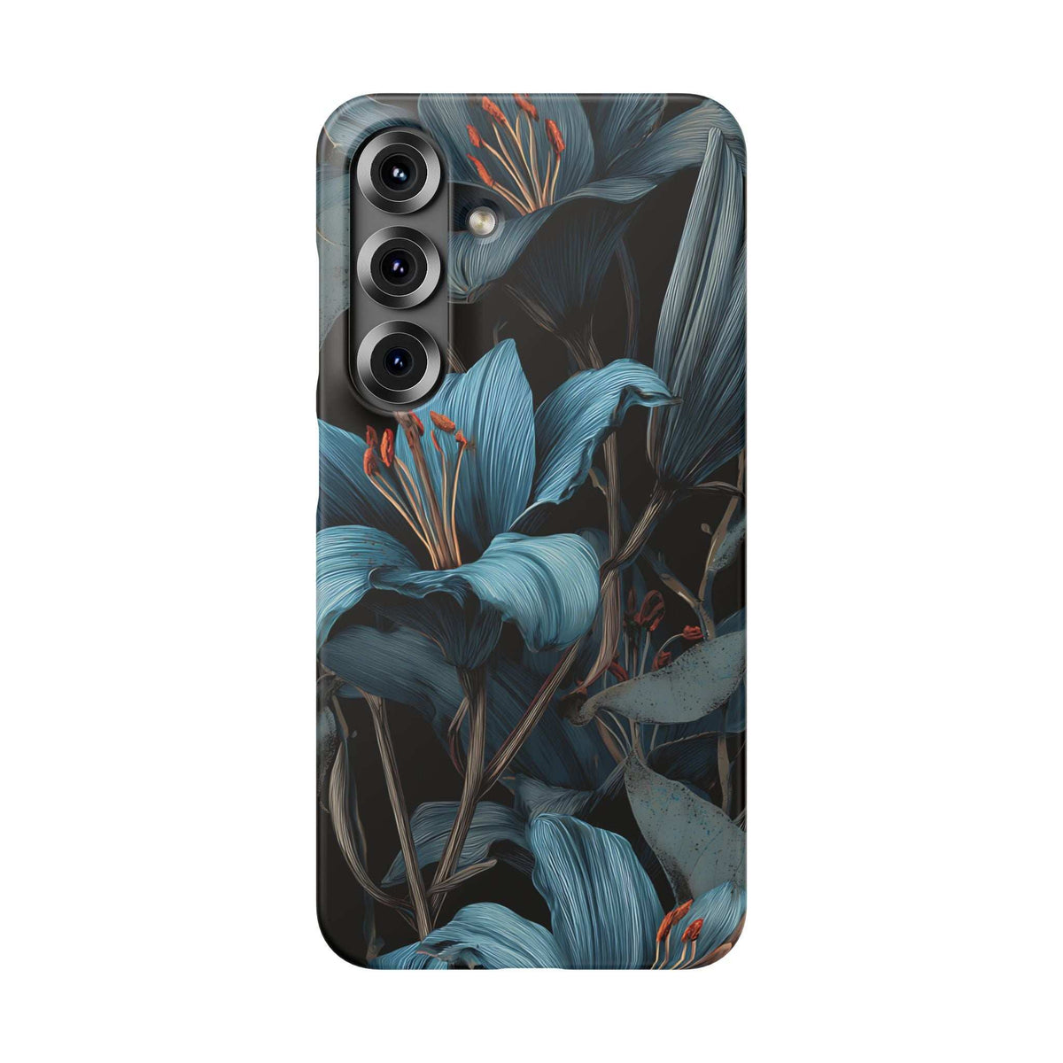 Phone case with teal-blue floral branches and side camera openings